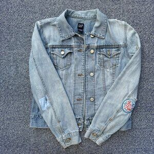 GAP Womens Medium Light Wash Denim Jacket With Custom Patches & Distressed Detai